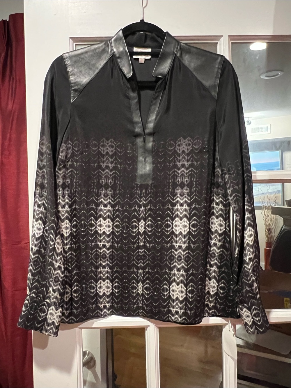 Parker Black and White Geometric-Print Long-silk Sleeve Blouse with Leather Yoke
